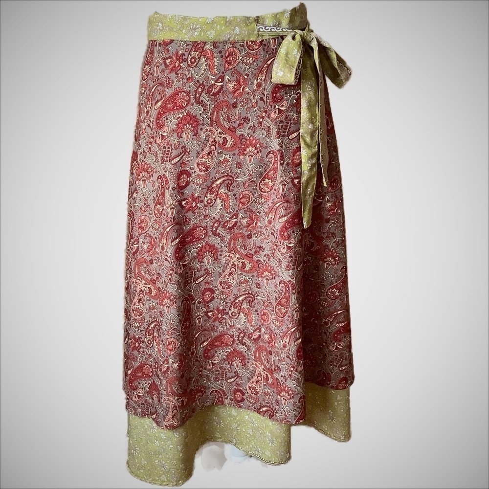 Vintage Indian Paisley Wrap Midi Skirt Reversible Lime Maroon Green OS